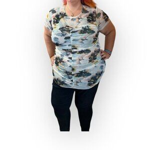 🆕 NWT Torrid 1 2 3 Watercolor Stretch Mesh Neck Ruched Top 14 16 18 20 22 24